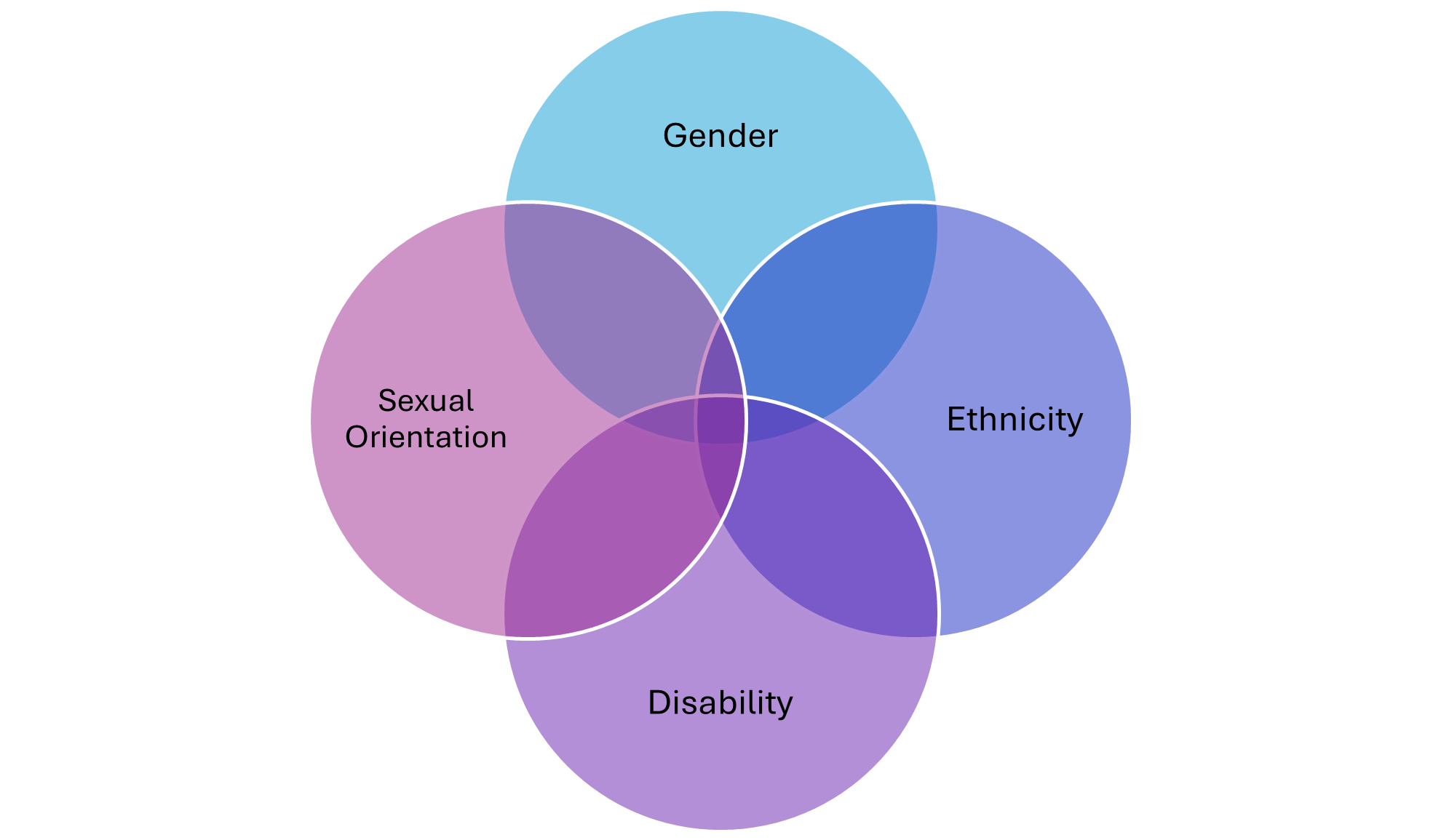 A venn diagram showing how gender, ethnicity, disability and sexual orientation can all overlap.