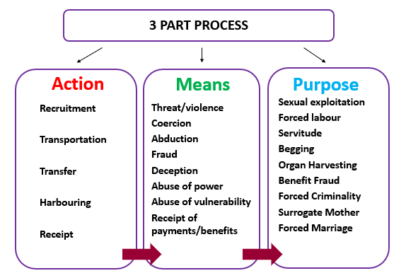 This is a diagram that shows the 3 parts that make up human trafficking. The first part is the action which includes recruitment, transportation, transfer, harbouring and receipt of a victim. The second part is the means, this includes threats or actual violence, coercion, abduction, fraud, deception, abuse of power, abuse of vulnerability and receipt of payments or benefits. The third part is the purpose of exploitation which can include sexual exploitation, forced labour, servitude, begging, organ harvesting, benefit fraud, forced criminality, surrogacy and forced marriage.