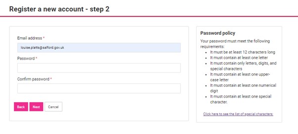 Screenshot of step 2 of registering a new account.