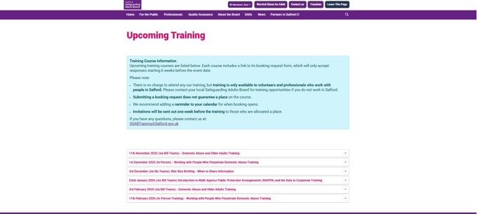 Screenshot of Upcoming Training Page